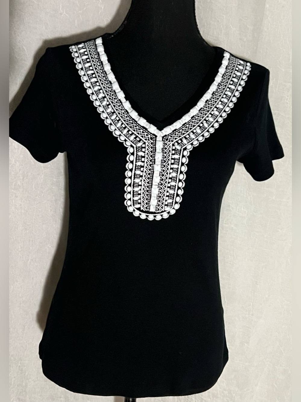 Black V-Neck beaded Women's Top